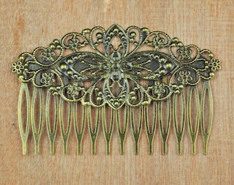 Filigree Hair Comb,5pcs Antique Bronze metal combs,14Teeth Barrette Hair Combs with filigree flower,Hair Accessory,Wedding Hair Comb Blank