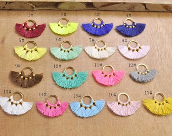 2PCS Small Fan Tassels,17 Color, Tassel earring pendant, Cotton tassels in gold color round brass loop / ring -- 20mm