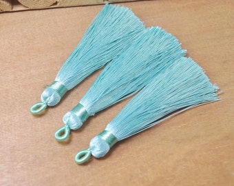 5Pcs Aqua blue Silky Tassels with Loop,Boho,Handmade tassels,Necklace Bracelet Tassels,Silk Tassels for Jewelry Making Supply-75mm
