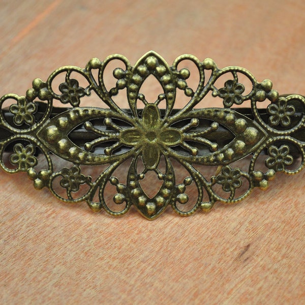 Handmade French Barrette Antique Bronze Hair Clip,5pcs Bronze filigree flower French Barrettes Clips,filigree metal clips 78x35mm