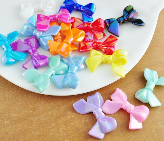 10-100pcs AB Colored Bow Beads,13 Colors Acrylic Bow Beads, Vertical Hole Bow  Beads, Jewelry Beads 24x33mm 