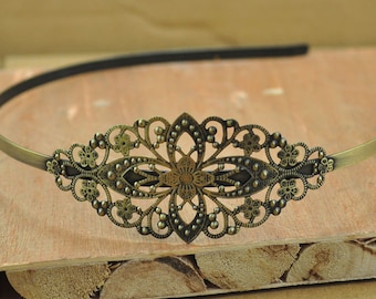 Bronze Filigree Foliage metal hair Headband--4pcs Antique Bronze Filigree Flower Headband Hair Band Charms 35x80mm