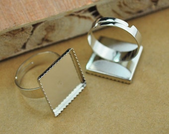 Ring Blanks,50pcs Shiny Silver metal Square Cabochon Ring Base Setting square pad 16mm