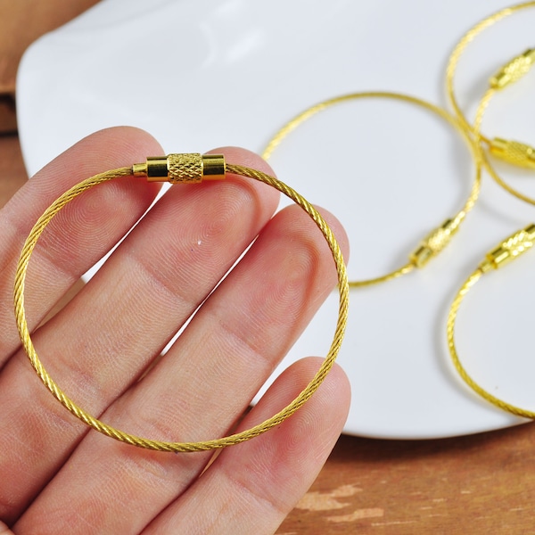 Gold Bulk Cable Keychain,1-100Pcs Gold Stainless Steel Rope Wire Rings, Tag Holder, Luggage Tag Rings,6" Long Bag Ring