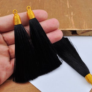6Pcs+ Black Silky Tassels with Loop,Boho,Handmade tassels,Earrings Necklace Bracelet Tassels,Rayon Silk Thread Mala Jewellery Tassel-85mm