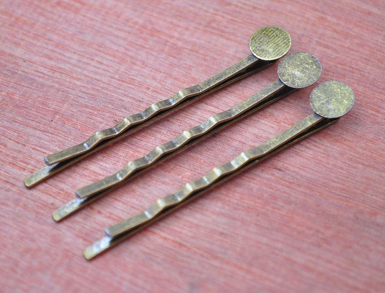 Antique Bronze Bobby Pin Blanks,50pcs antique bronze metal hair clips with 8mm Round Pad,DIY Jewelry Making 55mm. image 2