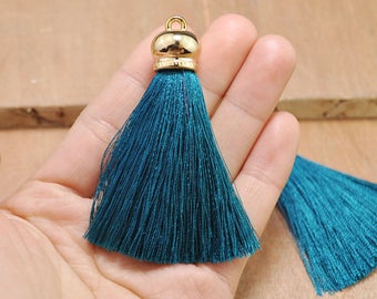 10Pcs 2.75" Teal color silk tassels with gold caps,Mini Tassel.High Quality Extra Thick tassels,tassel earring/necklace/bag/Keychains