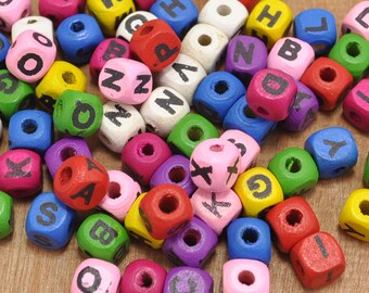 Wooden Beads,Mixed Color Printing Alphabet/ Letter Cube Wood Beads,Cube Wood Spacer Beads 8x8mm