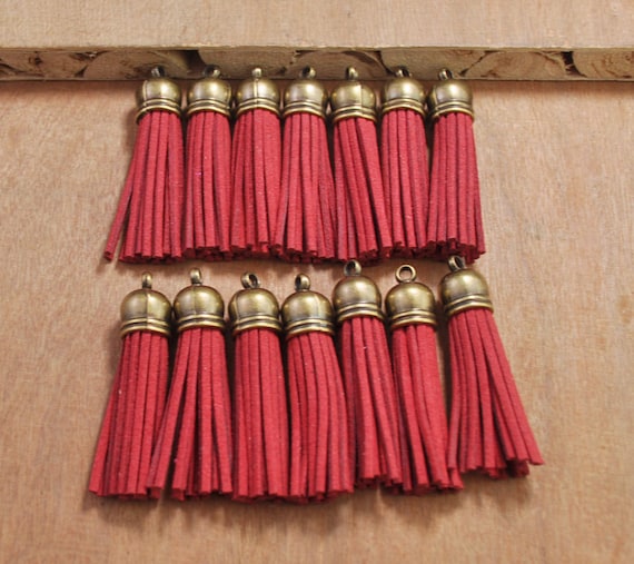 20pcs 2.2 Red Tassels Craft,Suede Tassel necklace,Fringe Tassels,Faux  Leather Tassels for bag,Bronze Cap Tassel Charm Pendant.