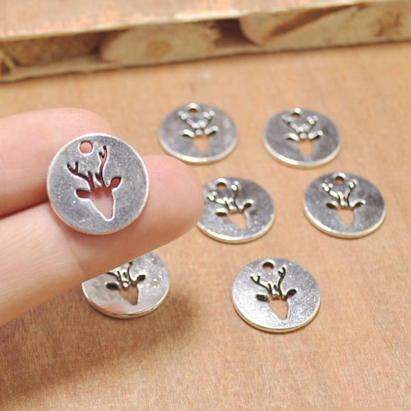 30pcs antique argent pendentifs charm tête de cerf, 18mm ronde pendentif de chevreuil, collier cerf, pendentif Bracelet ou un trousseau de clés, fournitures de bricolage bijoux