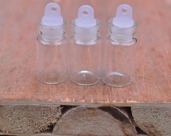 Glass Bottles 50pcs Miniature Small Glass Bottles with plastic cap,Glass Jar Vial Charm Pendants,Empty Glass Vials,Tiny Bottle--21x10mm.