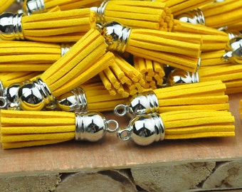 Fringe Tassel Pendant--20pcs of golden yellow color Imitation Leather Tassel with Silver Caps Bag Charms Pendant 38x10mm--F2EL45
