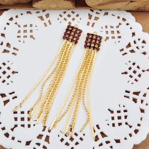 18K Gold Plated Tassel Charm 2.63“ Long Gold Brass Tassels With Red Acrylic Diamond Chain Tassels Tassel Earring Pendant, Earring Component