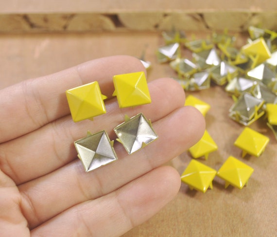 Metal Studs,50/100 Yellow Square Metal Pyramid Studs for Clothing Shoes  Bags Purses Leathercraft Decoration,DIY 12x12mm