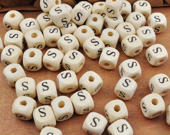 100Pcs/200Pcs Wood Letter S Beads,Wooden Beads,Natural Alphabet/ Letter Cube Wood Beads,Word beads 10x10mm(3/8"x3/8")