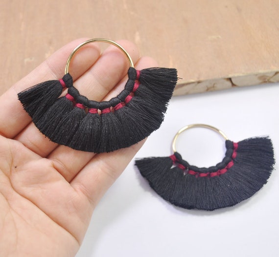 High quality 2Pcs Black Tassel earring pendant Fan tassel Cotton tassels in gold color round brass loop ring 55mm 14