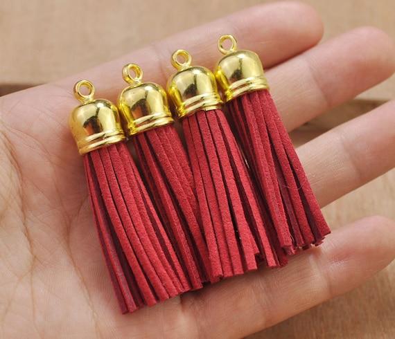 20pcs 2.2 Red Tassels Craft,Suede Tassel necklace,Fringe Tassels,Faux  Leather Tassels for bag,Bronze Cap Tassel Charm Pendant.