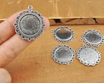 10pcs Antique Silver Border Round Base Setting Tray Bezel Pendant Charm,Round Filigree Framed Cabochon Settings--20mm
