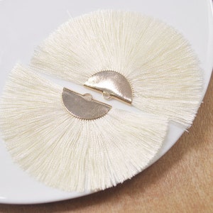 2 Pieces Large Fan Tassels on Gold Brass Findings,Beige Silk Tassel, Tassel for earrings or pendants--75X40mm--FF10#