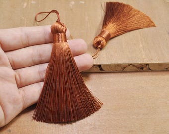 2 Stück braune Seidenquaste, 82 mm große Quasten, handgemachte Seidenquaste, Halsketten-Quaste, Schmuck-Quaste, Boho-Troddel, Kissen-Quaste