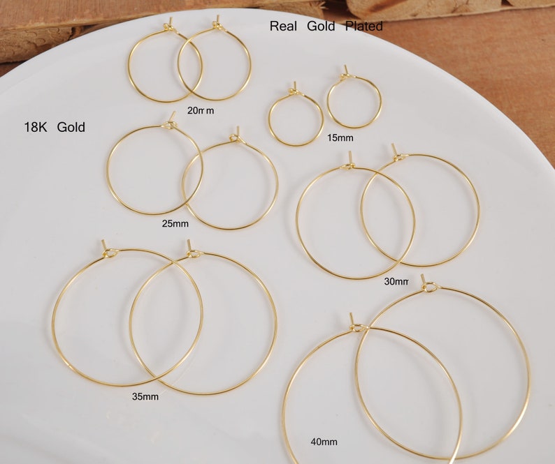 50Pcs 18k Gold Plated Earring Hoops, 15/20/25/30/35/40/45/50mm Circle earrings, Round Earring Hoop ,Earring Wires, Jewelry Making image 2