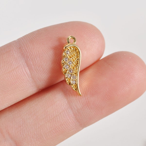 2Pcs 18K Gold Small Angel Wing Charm, Rhinestone Wing Pendant, Delicate Feather Pendant for Earring Bracelet Necklace,DIY Jewelry Supplies