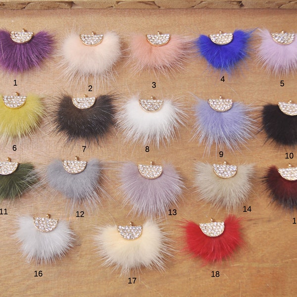 2/4/6/8/10PCS Mixed Color Filled Earrings Charm with Rhinestone,Fan Tassel Mink Fur Earrings Pendant- 1.37 Inches  - Wholesale