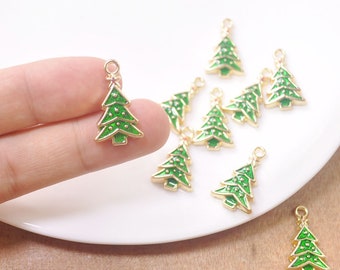 10Pieces Christmas tree Pendant,small christmas tree charm,gold with green and red enamel,Christmas jewelry findings -- 23x13mm