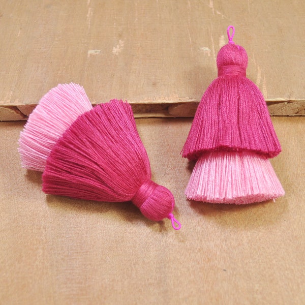 2Pcs Tiered Tassels,Large Two Layer Tassel,Rose red & Pink Cotton Tassel，Thick Handmade Cotton Tassel for Earring/Necklace Making--FF3#