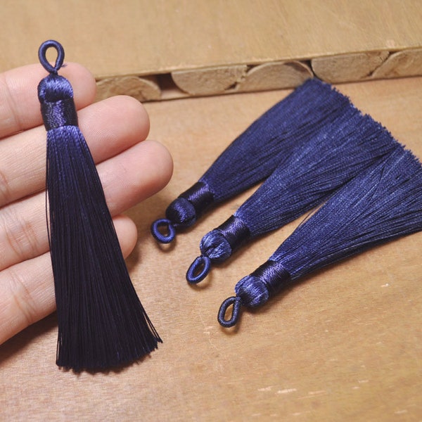 5Pcs Navy Blue Silky Tassels with Loop,Boho,Handmade tassels,Necklace Bracelet Tassels,Silk Tassels for Jewelry Making Supply-75mm