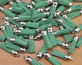 38mm(1.5") Faux Leather Tassels,50pcs Green mini tassel craft,silver cap suede tassels charm pendant,fringe tassels,jewelry tassels--F2EL18