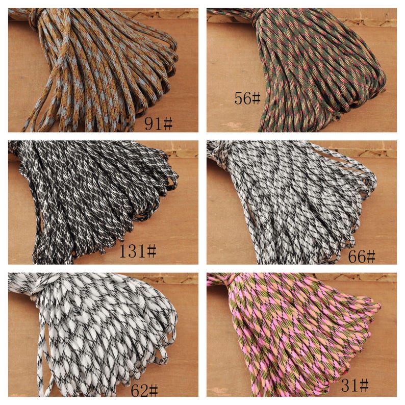 May include: A collection of six bundles of braided cord in various colors. The cords are labeled with numbers: 91#, 56#, 131#, 66#, 62#, and 31#. Colors include brown, green, black, white, and pink, with a patterned design.