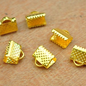 50pcs Gold Ribbon Crimp,Crimp Beads,Ribbon Clamps Gold Tone Cord Coupler Band fastener Clips Crimp Ends,crimp ends,Ribbon Crimp End--8mm.