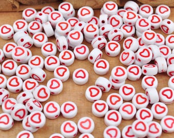 100Pcs Red Heart beads,Acrylic Heart beads, beads with hearts,Round Plastic heart charm, White Round Beads, spacer beads,7mm