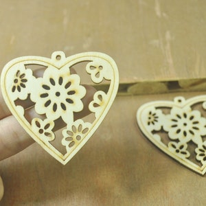 10pcs Heart wood pendants,Unfinished Natural Wooden Filigree Laser Cut Flower Pattern Wood Dangle,Wood Charm,Pendants,Wood Earrings 59x57mm