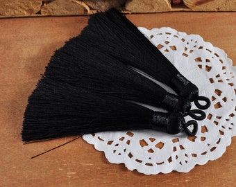 5 Stück schwarze seidige Quasten mit Schlaufe, Boho, handgemachte Quasten, Halskettenarmband-Quasten, Seiden-Quasten für die Schmuckherstellung Versorgung-75 mm