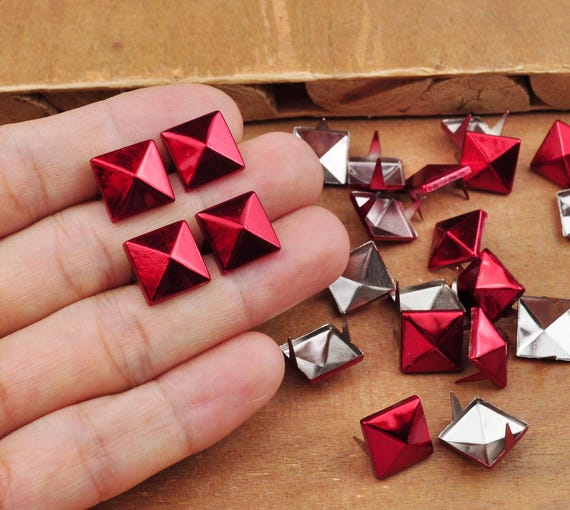 Metal Studs,50/100 Bright Red Square Metal Pyramid Studs for Clothing Shoes Bags Purses Leathercraft Decoration,DIY 12x12mm