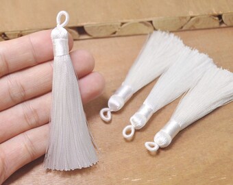5Pcs White Silky Tassels with Loop,Boho,Handmade tassels,Necklace Bracelet Tassels,Silk Tassels for Jewelry Making Supply-75mm