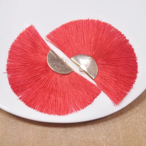 2 Pieces Large Fan Tassels on Gold Brass Findings,Red Silk Tassel, Tassel for earrings or pendants--75X40mm--FF16#