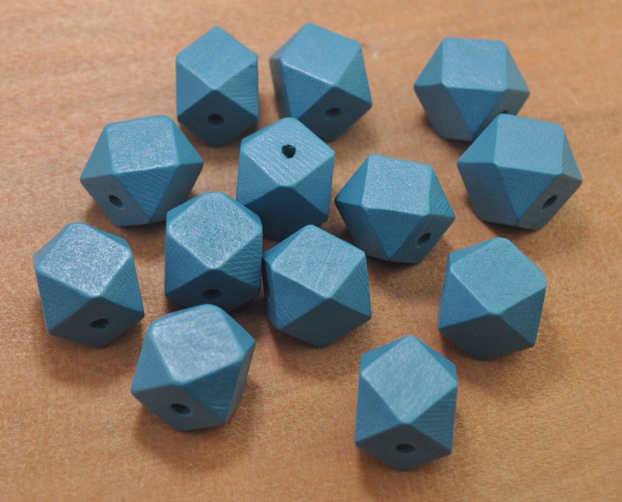 50個入り 幾何学模様木製ビーズ 20mm ピーコックブルー 幾何学