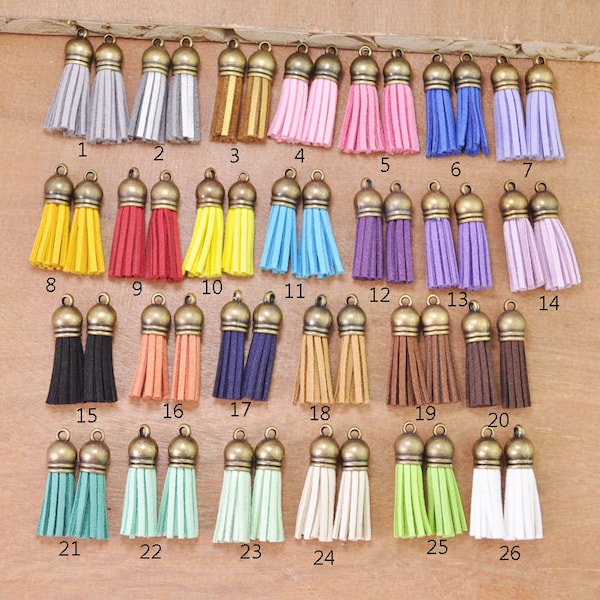 38mm(1.5") Faux Leather Tassels,100pcs 26 Color mini tassel craft,Bronze cap suede tassels charm pendant,fringe tassels, jewelry tassels.