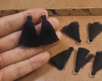 Black Tassel,20Pcs Mini Cotton Tassels,3cm Cotton Tassels with Gold JumpRings,Handmade Earring Tassels,Tassel Pendant,thread tassel,18#