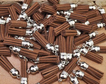 38mm(1.5") Faux Leather Tassels,50pcs Deep coffee mini tassel craft,silver cap suede tassels charm pendant,fringe tassels,jewelry F2EL50