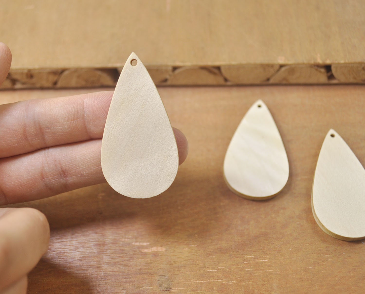 Wooden Earrings with White Teardrop main image 0