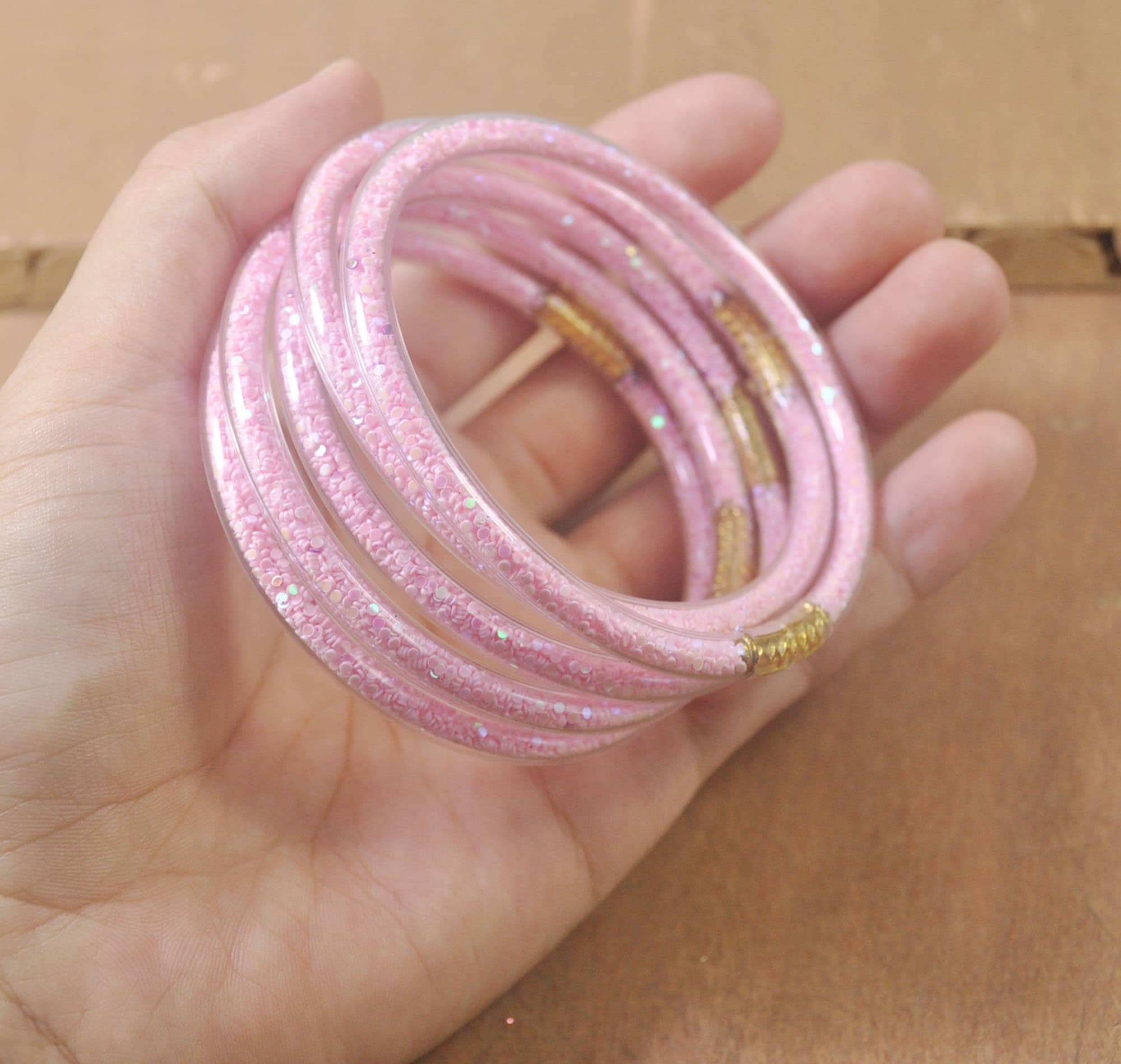 5pcs Pink Glitter Filled Jelly Bangle Bracelet Set Plastic Etsy
