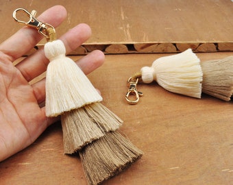 Cream/Khaki Ombre Bag Tassel with KC Gold Key Clasp,Three-layered Tassel,Key Chain Tassel Bag Zipper Tassel,Stacked Tassel,Wholesale Tassels