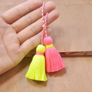 Tassels for Bag,2Pcs Small Cotton Tassel,for keyclasps,Bright Pink tassel,Neon yellow tassel,Mini, Handmade Tassel,thick tassel-52mm-FF1#