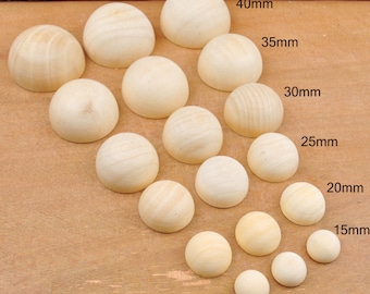 Cuentas de madera semiesféricas de 10/12/15/20/25/30/35/40 mm, sin acabado, de madera maciza. Cuentas redondas de madera tipo cabujón, hemisferios.