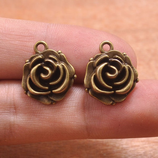 50pcs Antique bronze Rose pendant Charms,Metal Flower Pendant Bracelet Earrings Zipper Pulls Keychains pendant--17x15mm