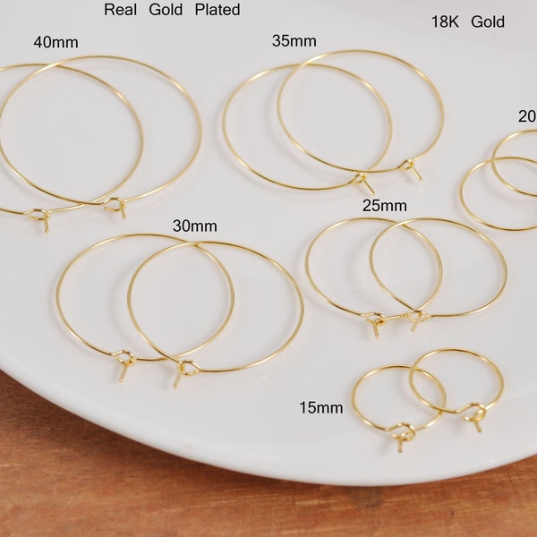 50Pcs 18k Gold Plated Earring Hoops, 15/20/25/30/35/40/45/50mm Circle earrings, Round Earring Hoop ,Earring Wires, Jewelry Making